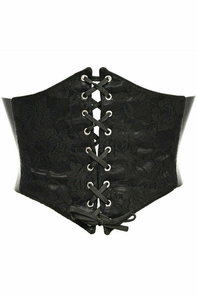 image of a black satin corset beltwith black lace overlay and lace up front on a white background