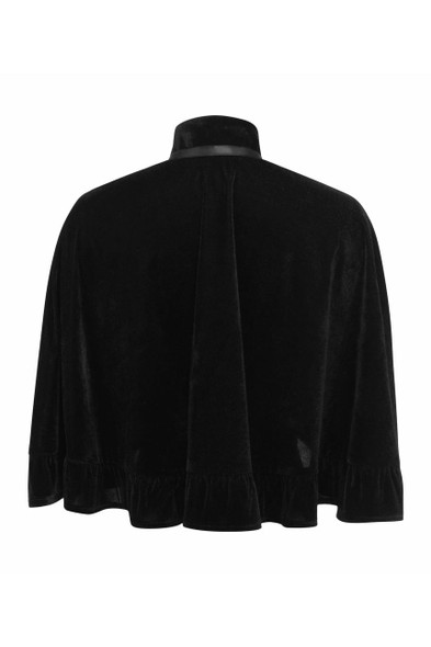 back view of a  velvet over the shoulder cape with rigid collar and burgundy ribbon tie closure is shown on a white background