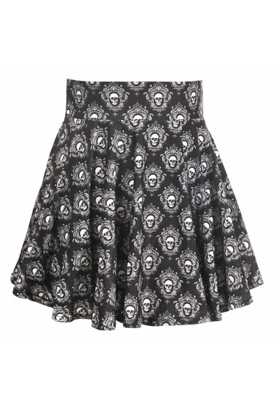 black lycra above the knee flare skirt with a wide waistband has all over white print of skulls framed  in a filigree style frame.