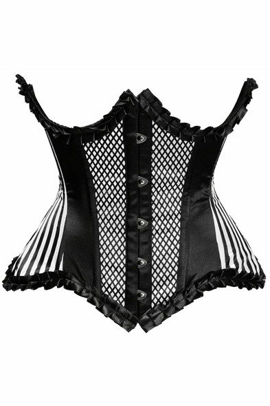 image of a black and white striped underbust corset with front busk  on a white background