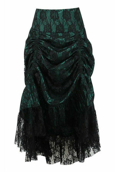 image of a green satin with black  lace overlay bustle skirt on a white background