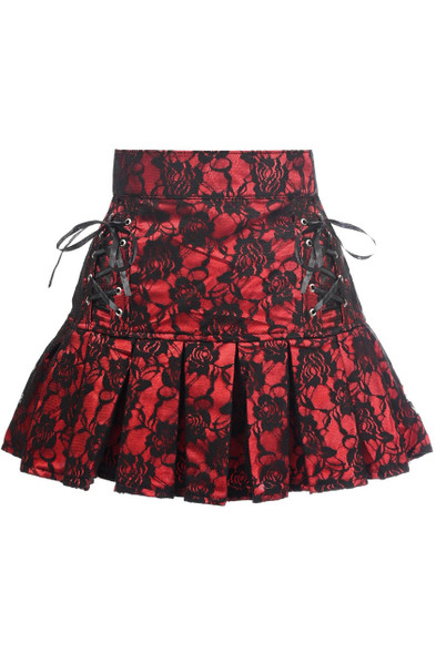 image of a short red skirt with black lace overlay and corset lacing on the sides on a white background