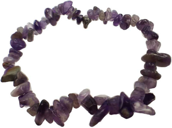 purple amethyst chips strung on an adjustable bracelet shown on a white background