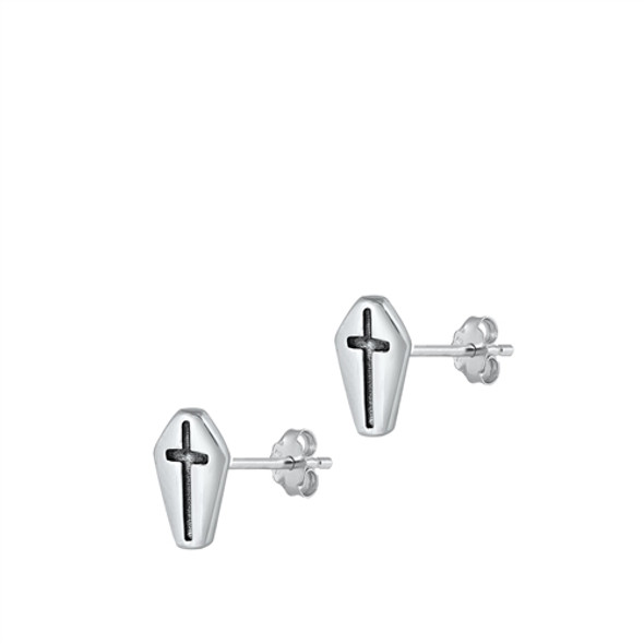 photo of a pair of sterling coffin shape stud earrings with sterling posts on a white background