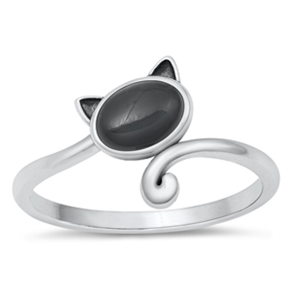 Sterling Silver Black Agate Cat Ring