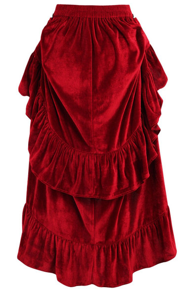 image of back of a red velvet bustle skirt on a white background