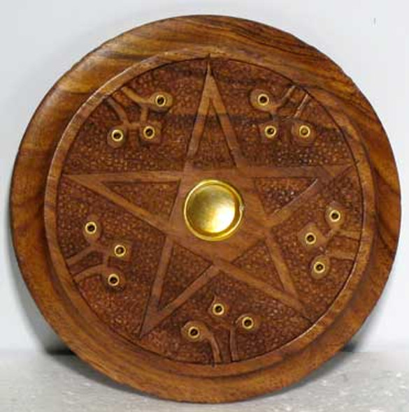 image of a wooden carved round incense burner with pentagram star on a white background