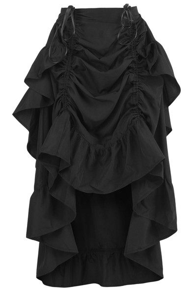 long black crepe hi low skirt with black ruffle trim