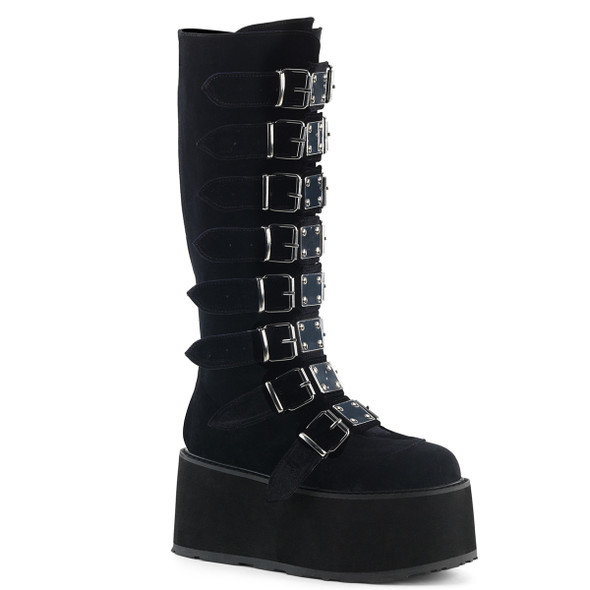 Black velvet combat boots with multiple buckles and gothic styling