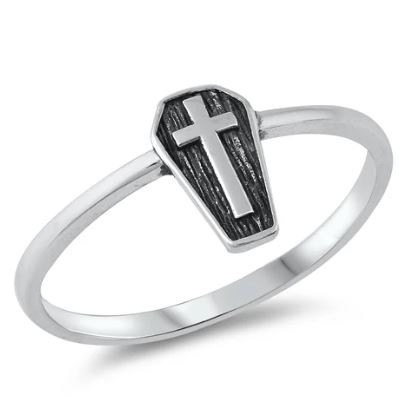 sterling silver ring with a coffin and cross  on a white background