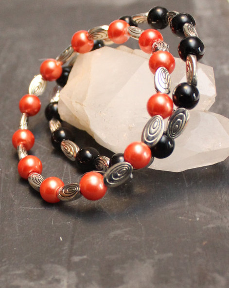 Black and Orange Beaded Bracelet Set