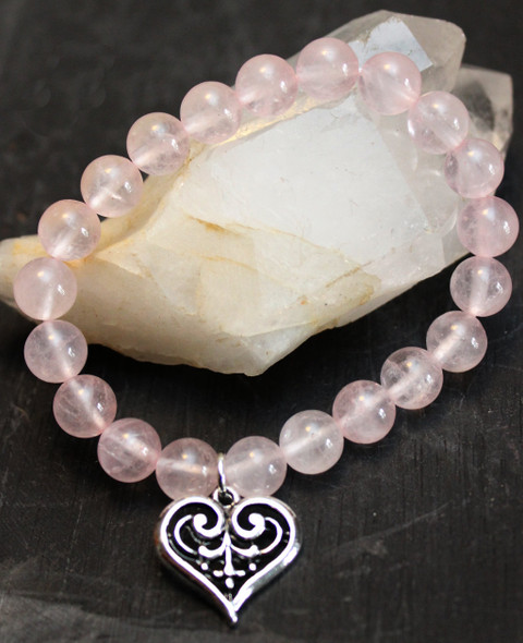 Rose Quartz and Heart charm 8MM bracelet
