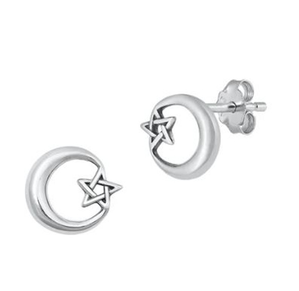 Pentagram and Moon Sterling Stud Earrings
