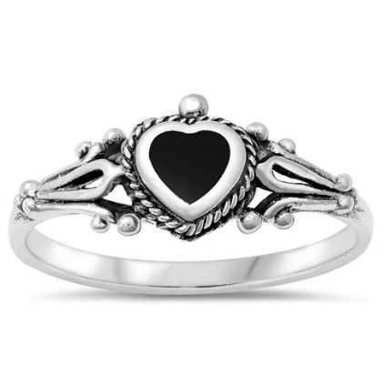 sterling silver ring with black onyx heart shaped stone