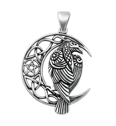 sterling silver pendant of a raven sitting on a celtic knotwork crescent moon with interwoven pentagram