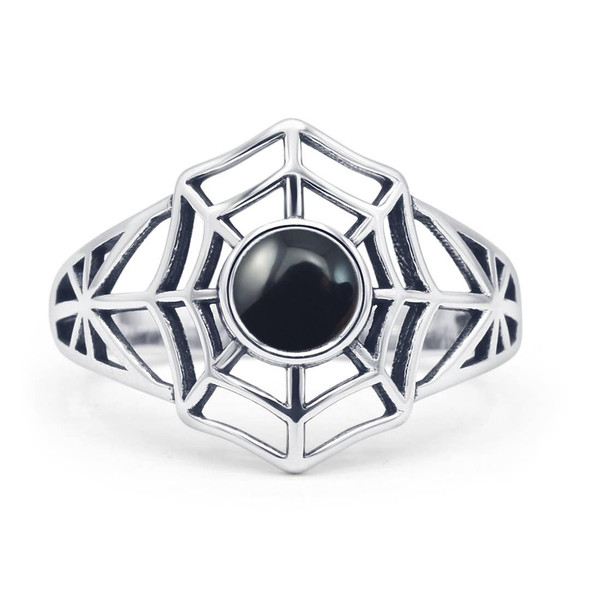 Sterling Silver Black Agate Spiderweb Ring