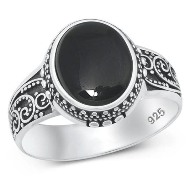 Bali style scrollwork sterling silver ring with large oval black agate stone