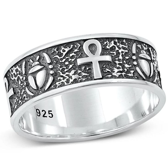 sterling silver band ring with ankh and scarab motifs along the entire band