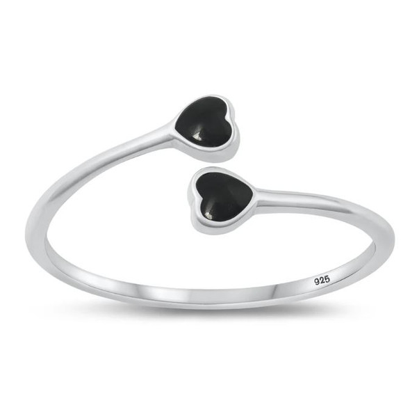 sterling silver adjustable ring with two black agate hearts.