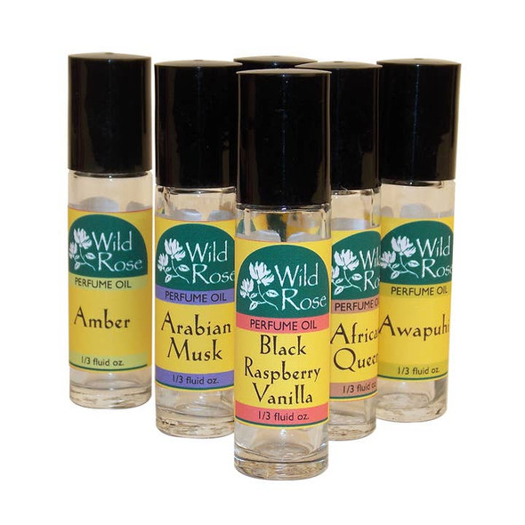 image displays several bottles of moonlight rose perfume oils