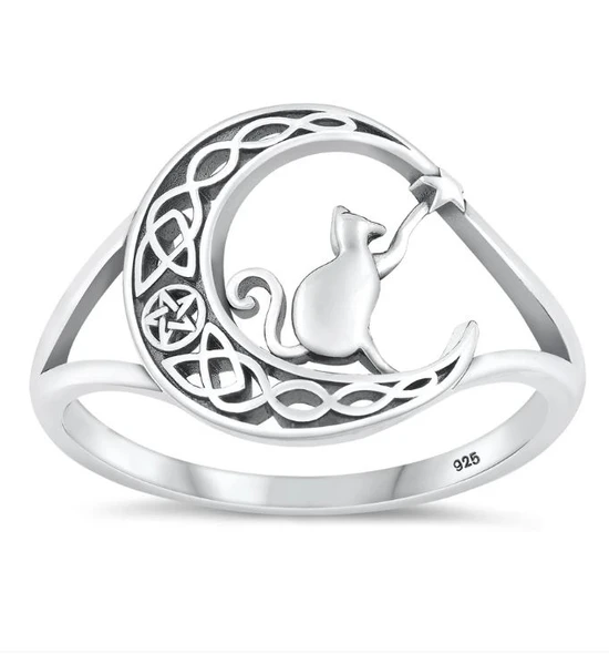Cat in the Moon  Sterling Silver Ring