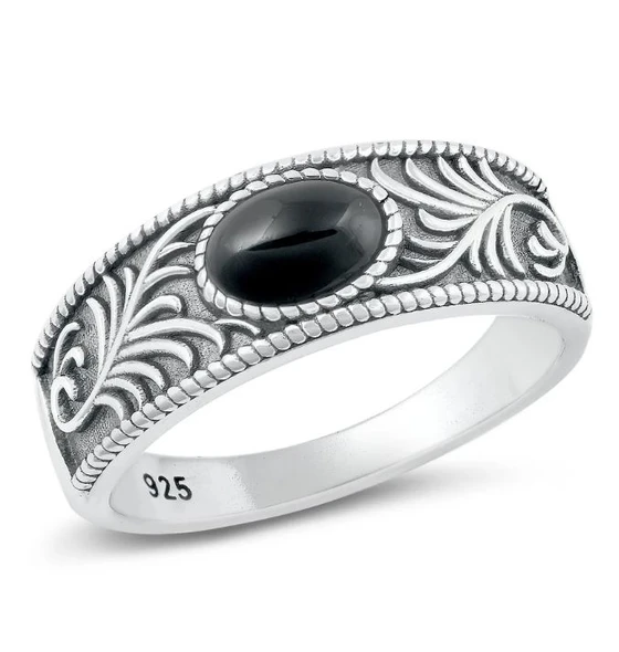Thanatos Sterling Silver Black Agate Ring