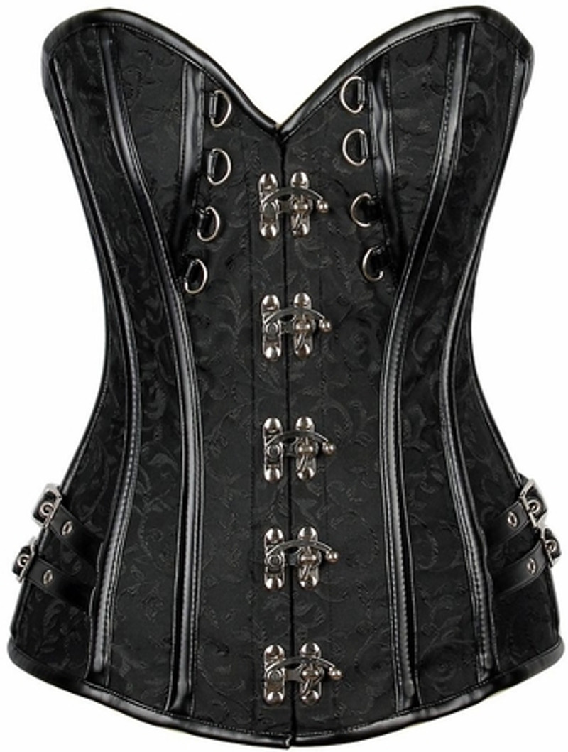 Black Brocade and faux leather Steel Boned  Corset