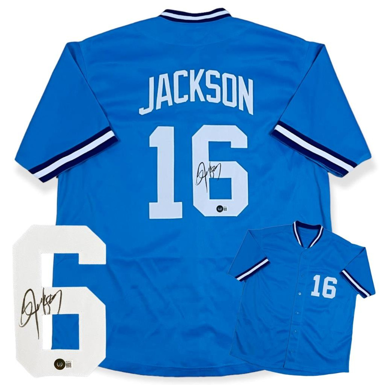 Kansas City Royals Bo Jackson Autographed Light Blue Nike Jersey Size L Beckett BAS Witness