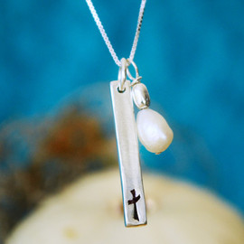 Cross Bar Necklace with Pearl on 18" Sterling Box Chain