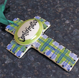 Small Confirmation Ceramic Wall Cross - Blue/Green