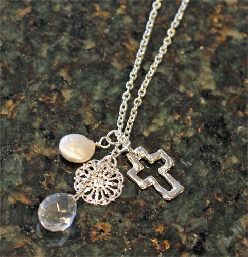 Handcast Silver Open Cross with Coin and Pearl Necklace