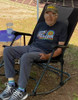 our oldest pride socks customer rocking his pride socks business casual socks while camping and living the dream