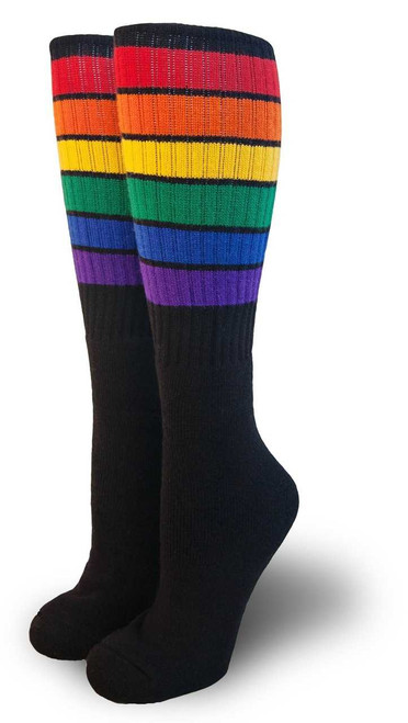 black retro rainbow knee high pride socks