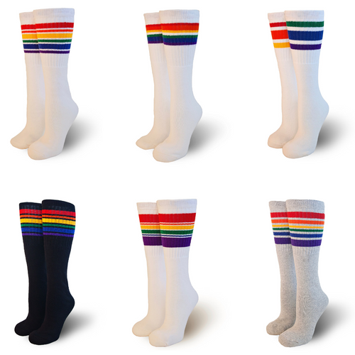 Rock 6 pairs of pride socks with your toddler friends to any birthday party or roller skating event that requires rainbow striped old school tube socks.  