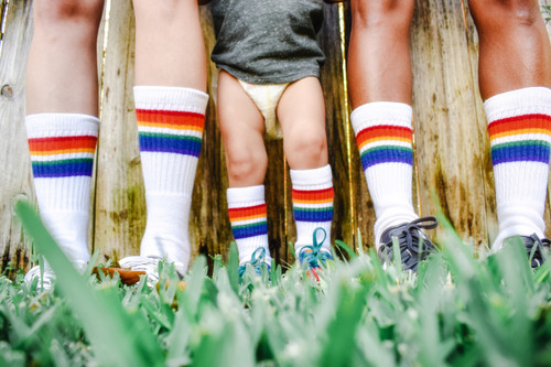 Golden Rainbow Striped Thigh High Socks