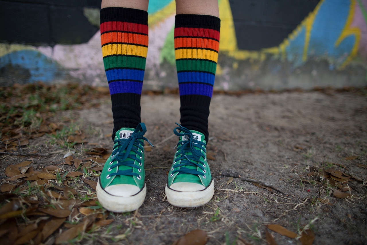 Knee High Socks  Black Rainbow Tube Socks for Men and Women