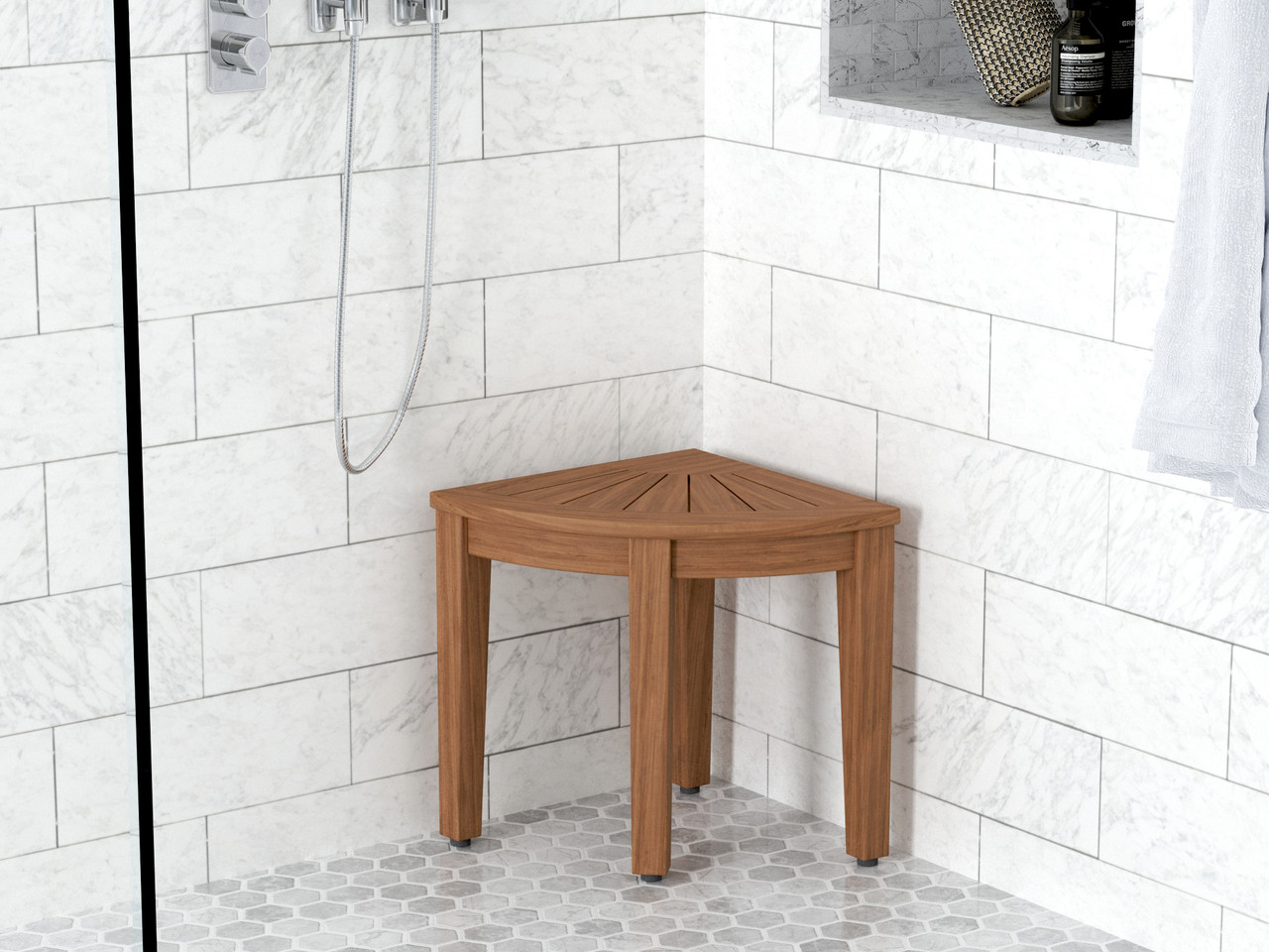 15.5" Kai™ MochaShield Corner Teak Shower Bench I AquaTeak