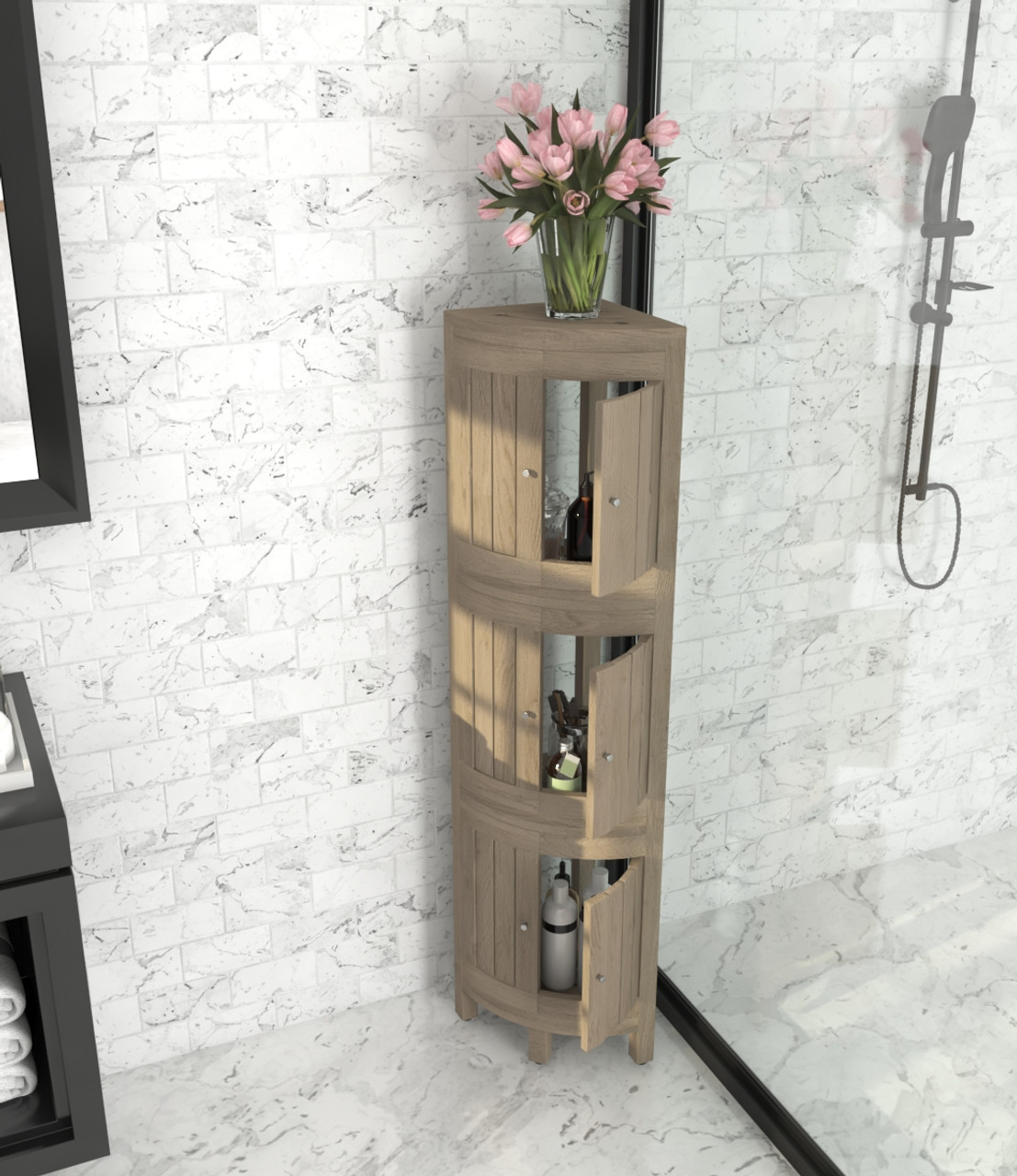 Kai™ Corner Teak Shower Shelf - Teak Bathroom Solutions! I AquaTeak