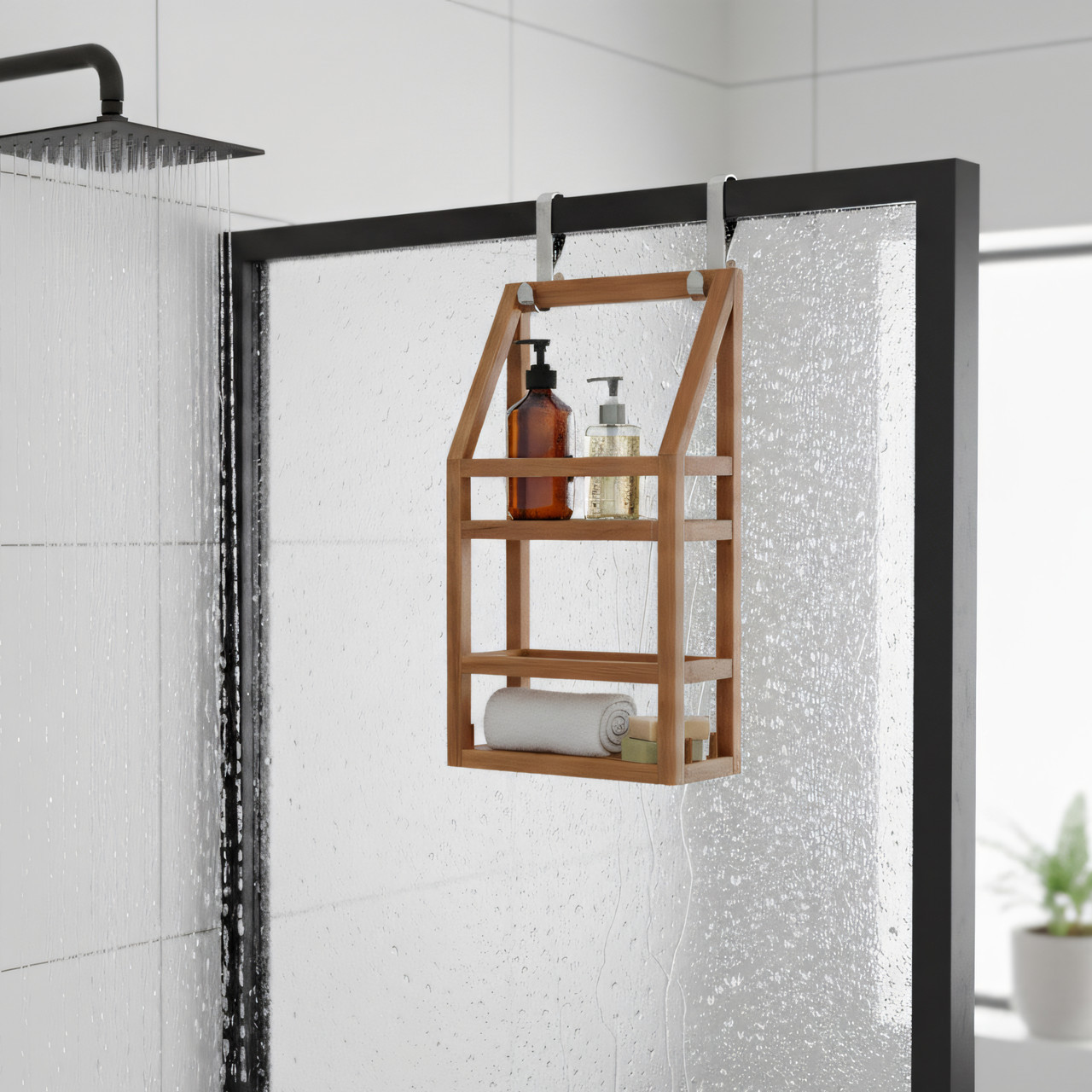 Moa Wide Teak Shower Caddy with Stainless Steel Hooks - Thumbnail 2