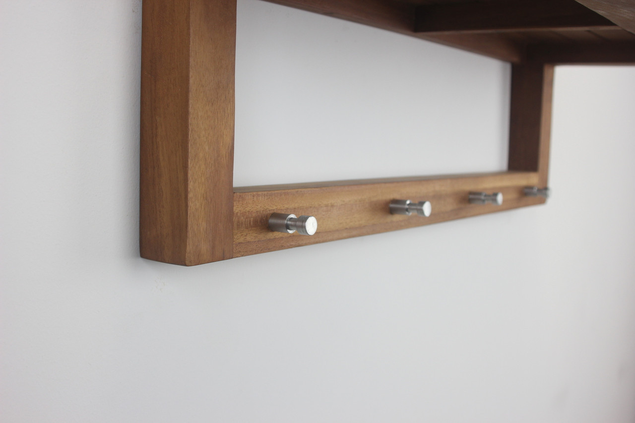 AquaTeak 18 Moa-Mist Teak Wall Shelf with Hooks