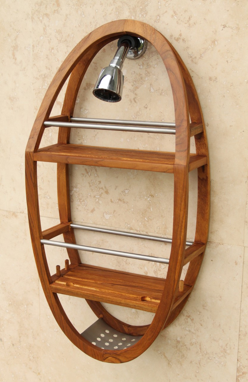 Shower Rack, Wood Shower Shelves with Hook for Bathroom Shower Storage  Organizer
