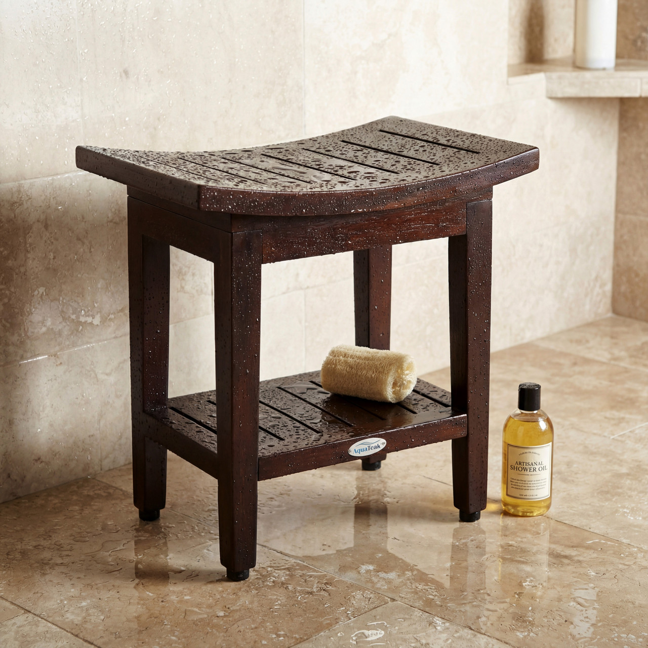 Patented 18" Maluku Mocha-Shield Teak Shower Bench with Shelf