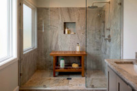 Patented 30" Spa Teak & Stainless Shower Bench with Shelf thumbnail