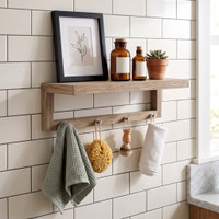 30" Moa Mist-Shield Teak Wall Shelf with Hooks