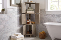 Kai Mist-Shield Four-Tier Corner Teak Bath Stand with Front-Facing Doors