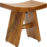 AquaTeak 18" Asia Teak Shower Bench with Carved Leaves on One Leg