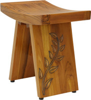 AquaTeak 18" Asia Teak Shower Bench with Carved Leaves on One Leg