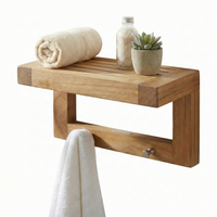 12" Moa Teak Flat Wall Shelf with Hooks