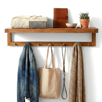 36" Moa Teak Wall Shelf with Hooks thumbnail