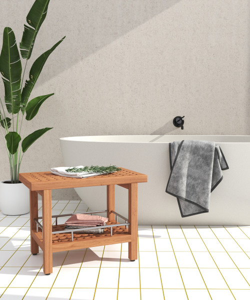 Patented 24" Grate™ Teak & Stainless Shower Bench with Shelf